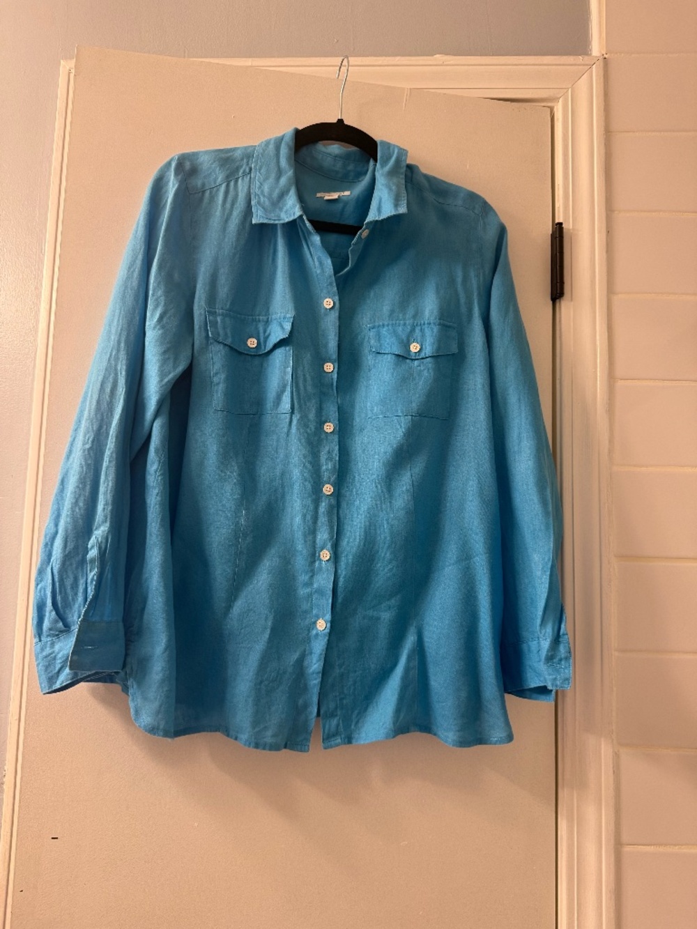 J. Jill Love Linen Button-Down Shirt Ocean Blue Size Medium Petite MP